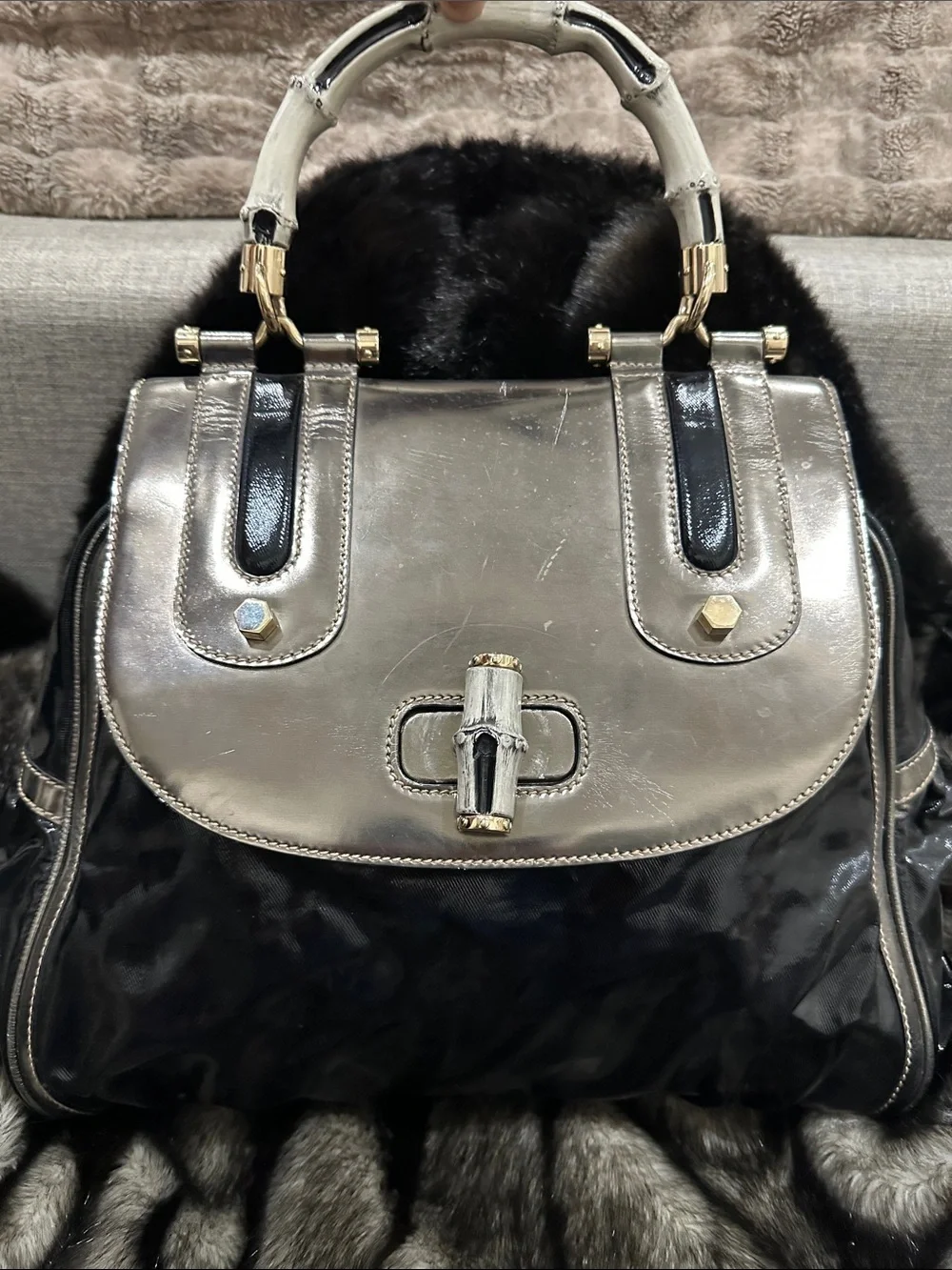 GUCCI metallic Silver and Black Top-Handle GUCCI bamboo LARGE purse